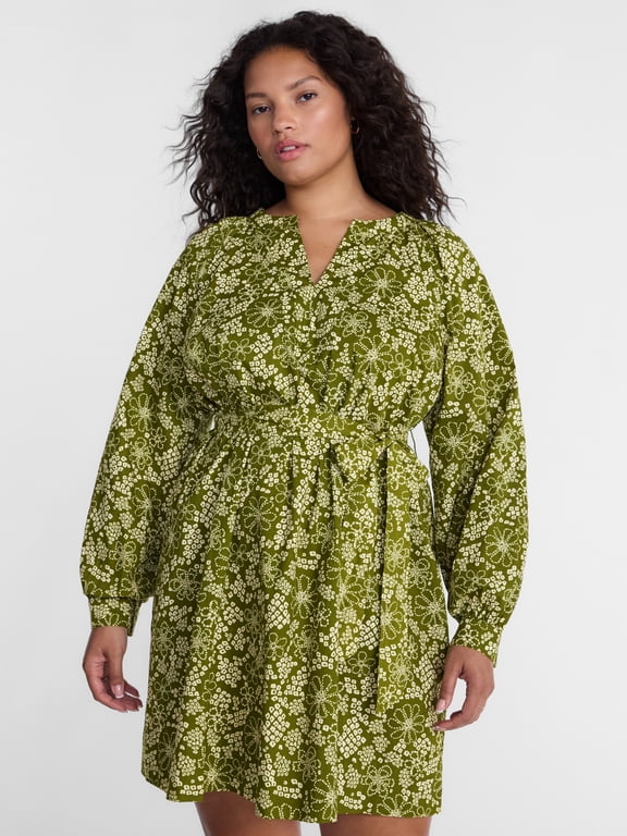 Women's Plus Cotton Balloon Sleeve Tie Waist Tunic Dress, Sizes 0X-5X