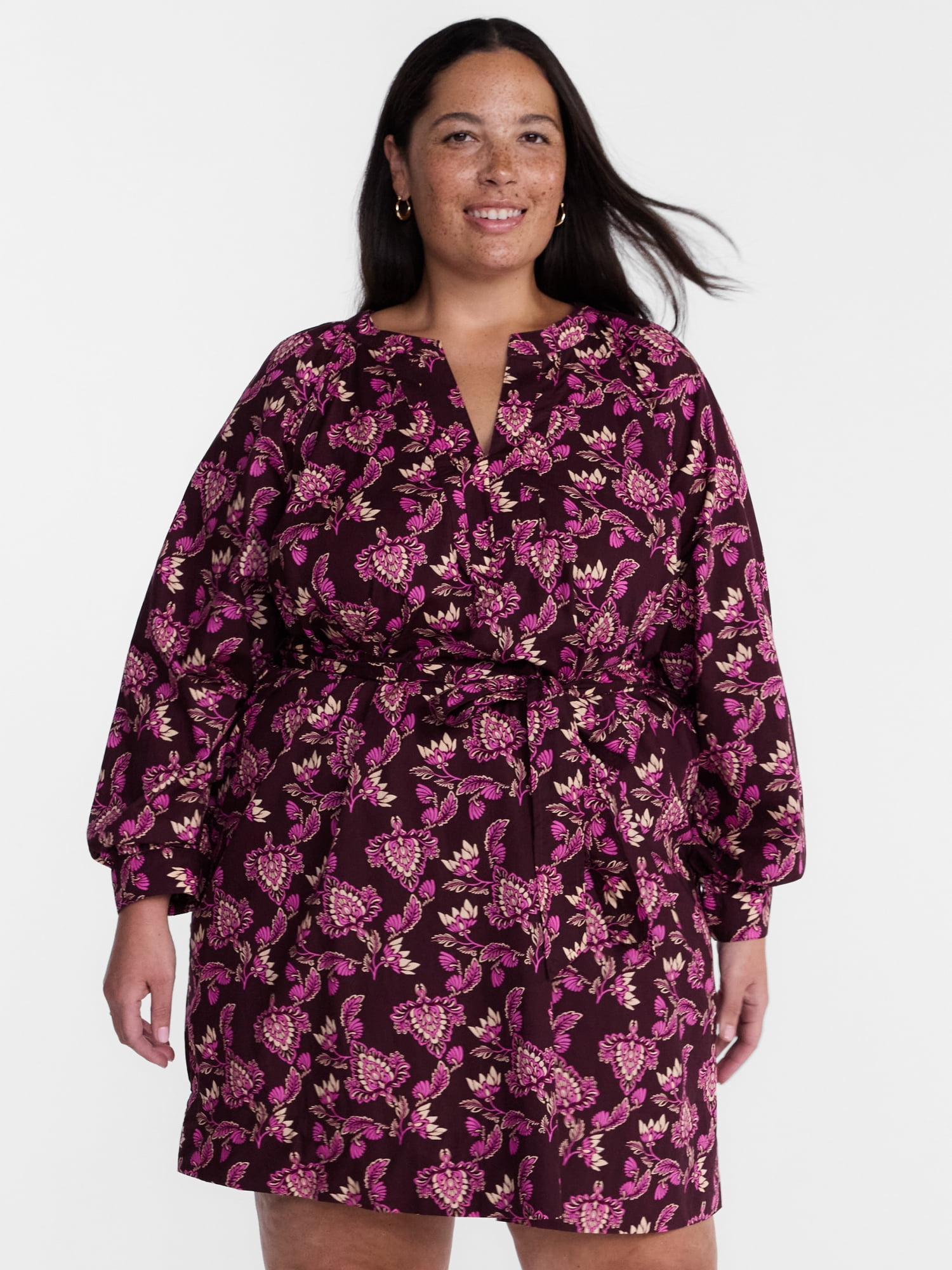 Terra & Sky Women's Plus Cotton Balloon Sleeve Tie Waist Tunic