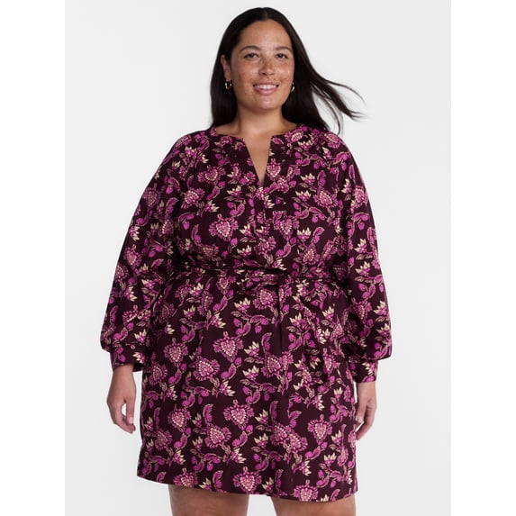 Terra & Sky Women's Plus Cotton Balloon Sleeve Tie Waist Tunic Dress, Sizes 0X-5X