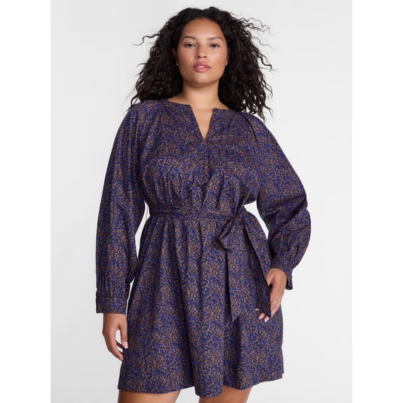 Terra & Sky Women's Plus Cotton Balloon Sleeve Tie Waist Tunic Dress, Sizes 0X-5X