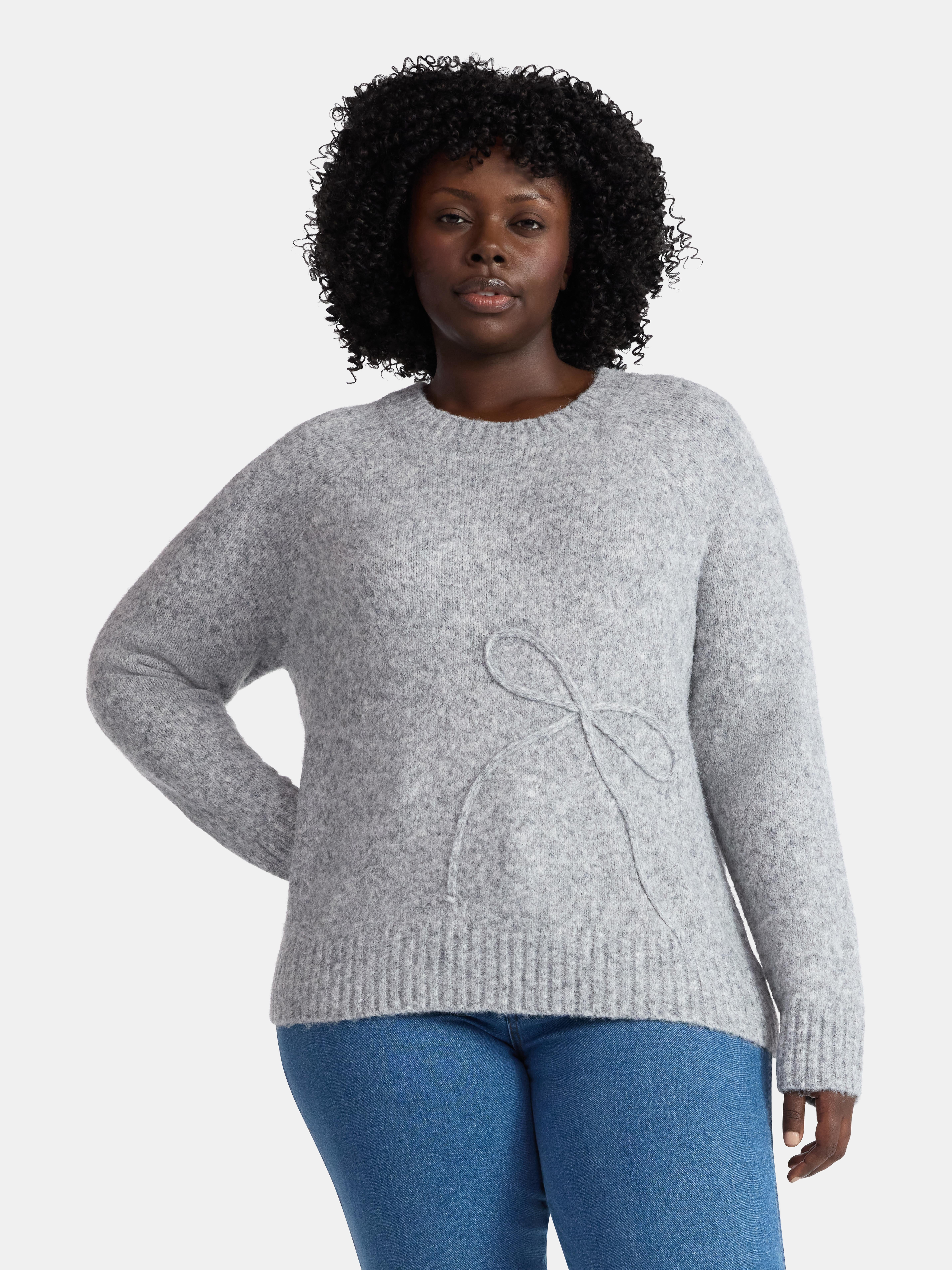 Terra & Sky Women’s Plus Bow Stitch Crewneck Sweater, Lightweight, Sizes 0X-5X