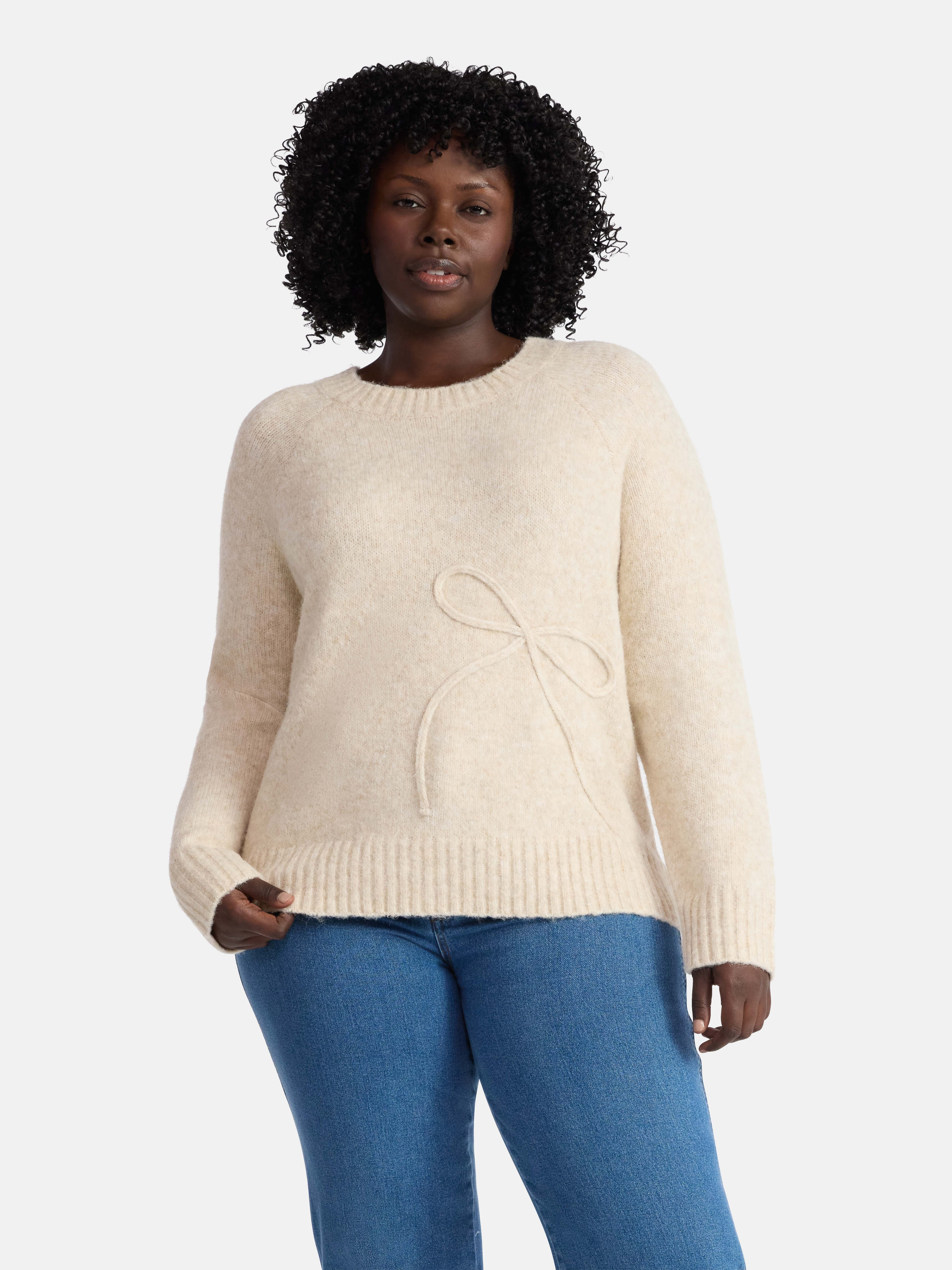 Terra & Sky Women’s Plus Bow Stitch Crewneck Sweater, Lightweight, Sizes 0X-5X