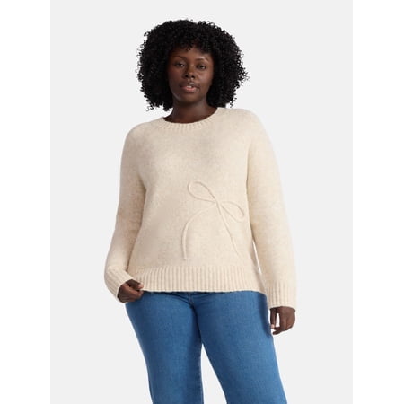 Terra & Sky Women’s Plus Bow Stitch Crewneck Sweater, Lightweight, Sizes 0X-5X