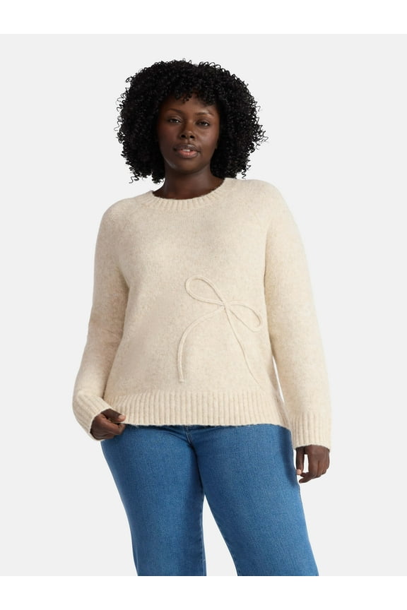 Women’s Plus Bow Stitch Crewneck Sweater, Lightweight, Sizes 0X-5X