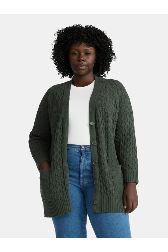 Women’s Plus Chenille Boyfriend Cardigan Sweater, Midweight, Sizes 0X-4X
