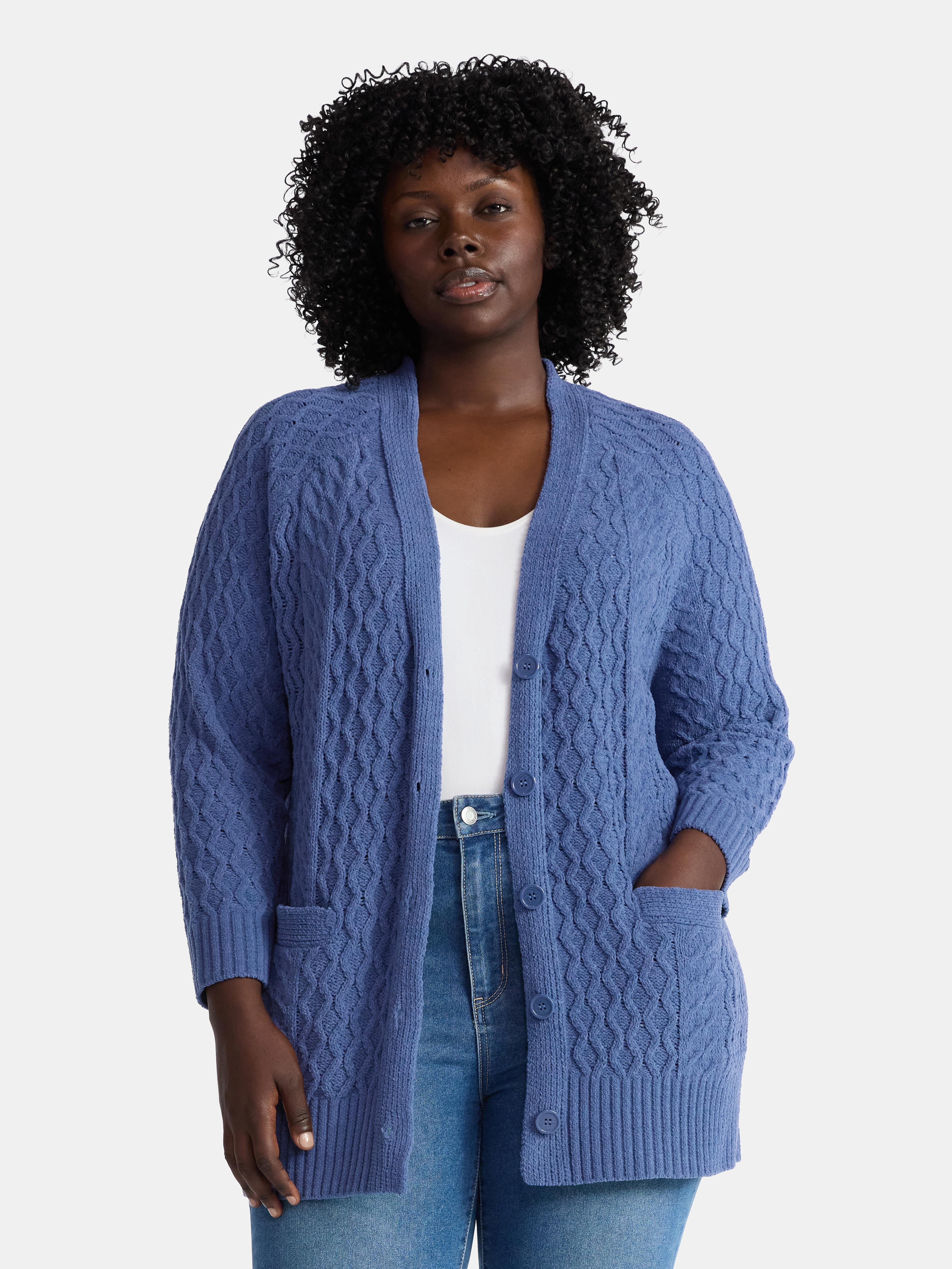Terra & Sky Women’s Plus Chenille Boyfriend Cardigan Sweater, Midweight, Sizes 0X-4X