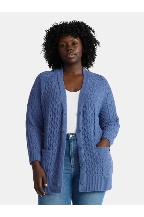Women’s Plus Chenille Boyfriend Cardigan Sweater, Midweight, Sizes 0X-4X