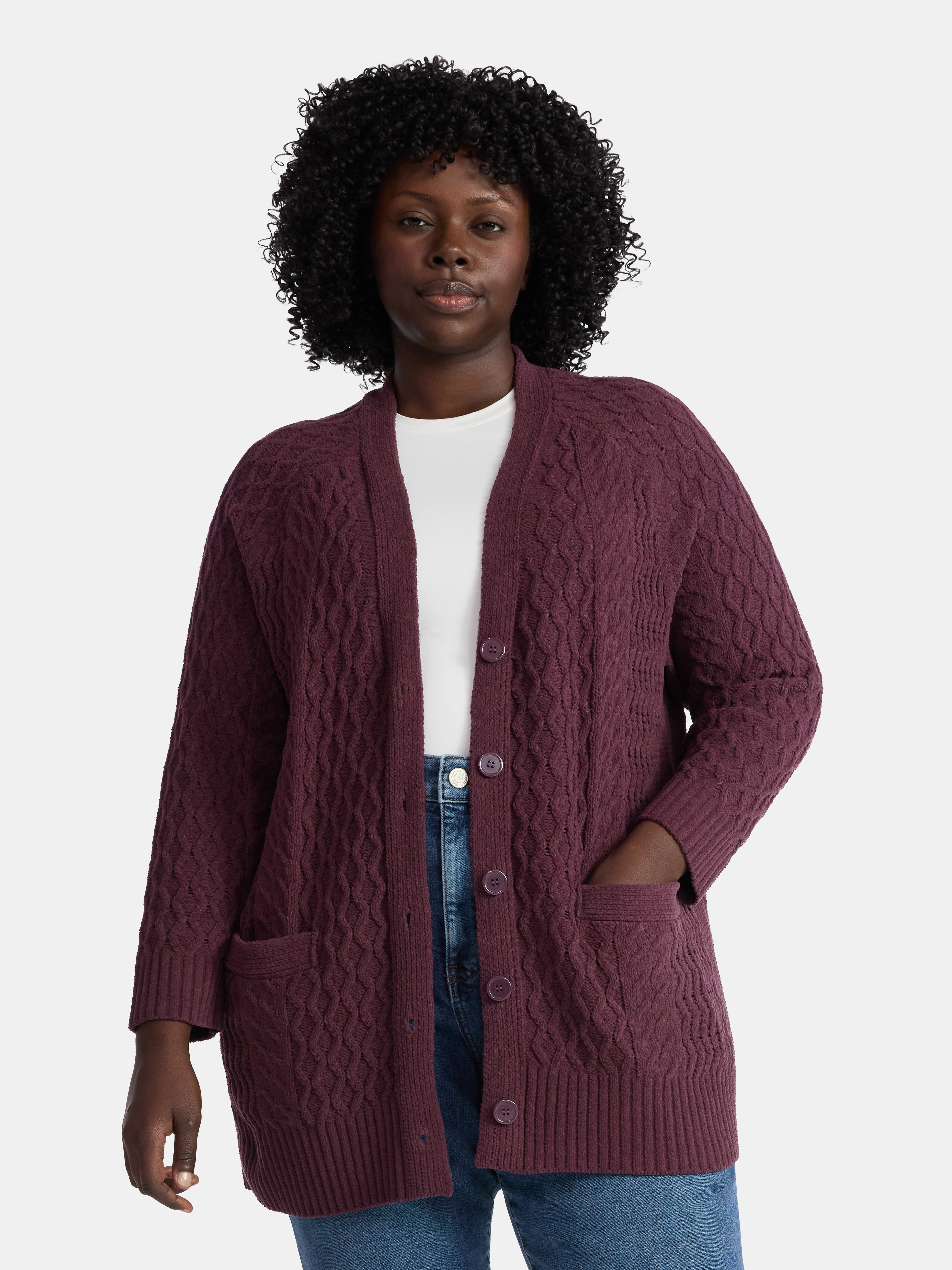 Terra & Sky Women’s Plus Chenille Boyfriend Cardigan Sweater, Midweight, Sizes 0X-4X