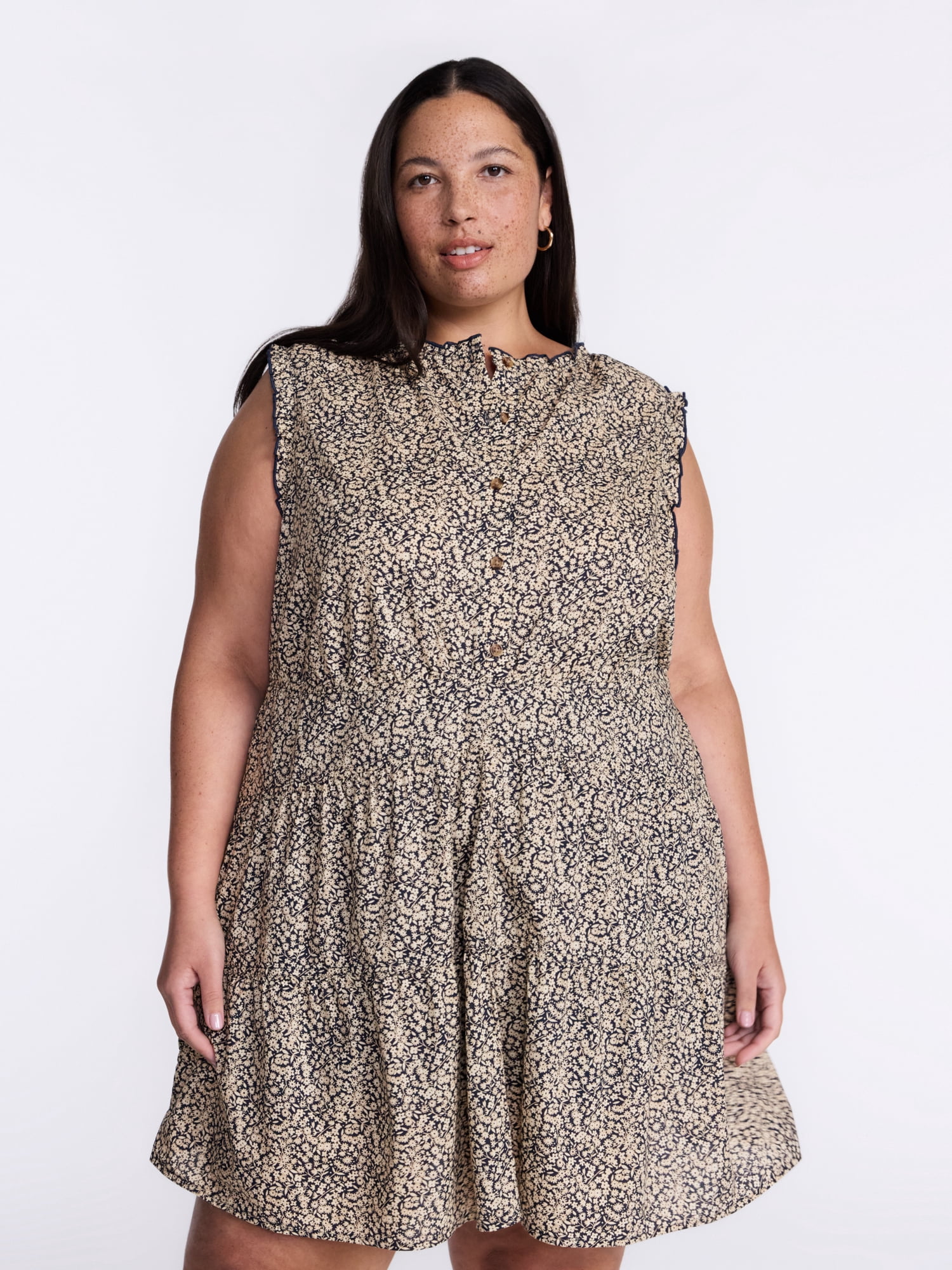Terra & Sky Women's Plus Sleeveless Button Front Tiered Cotton Mini Dress, Sizes 0X-5X