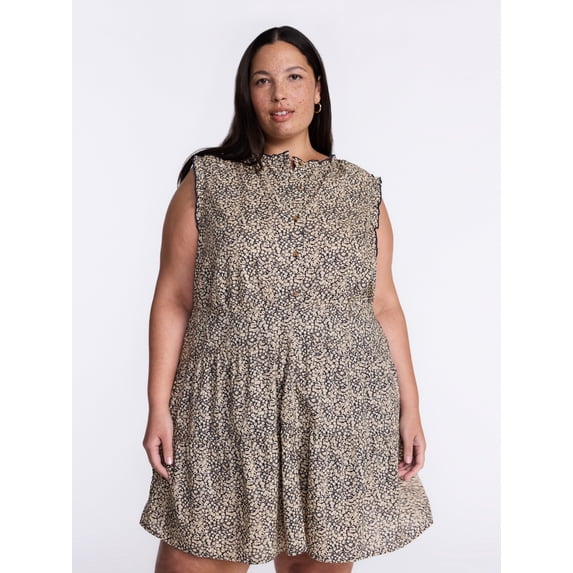 Terra & Sky Women's Plus Sleeveless Button Front Tiered Cotton Mini Dress, Sizes 0X-5X