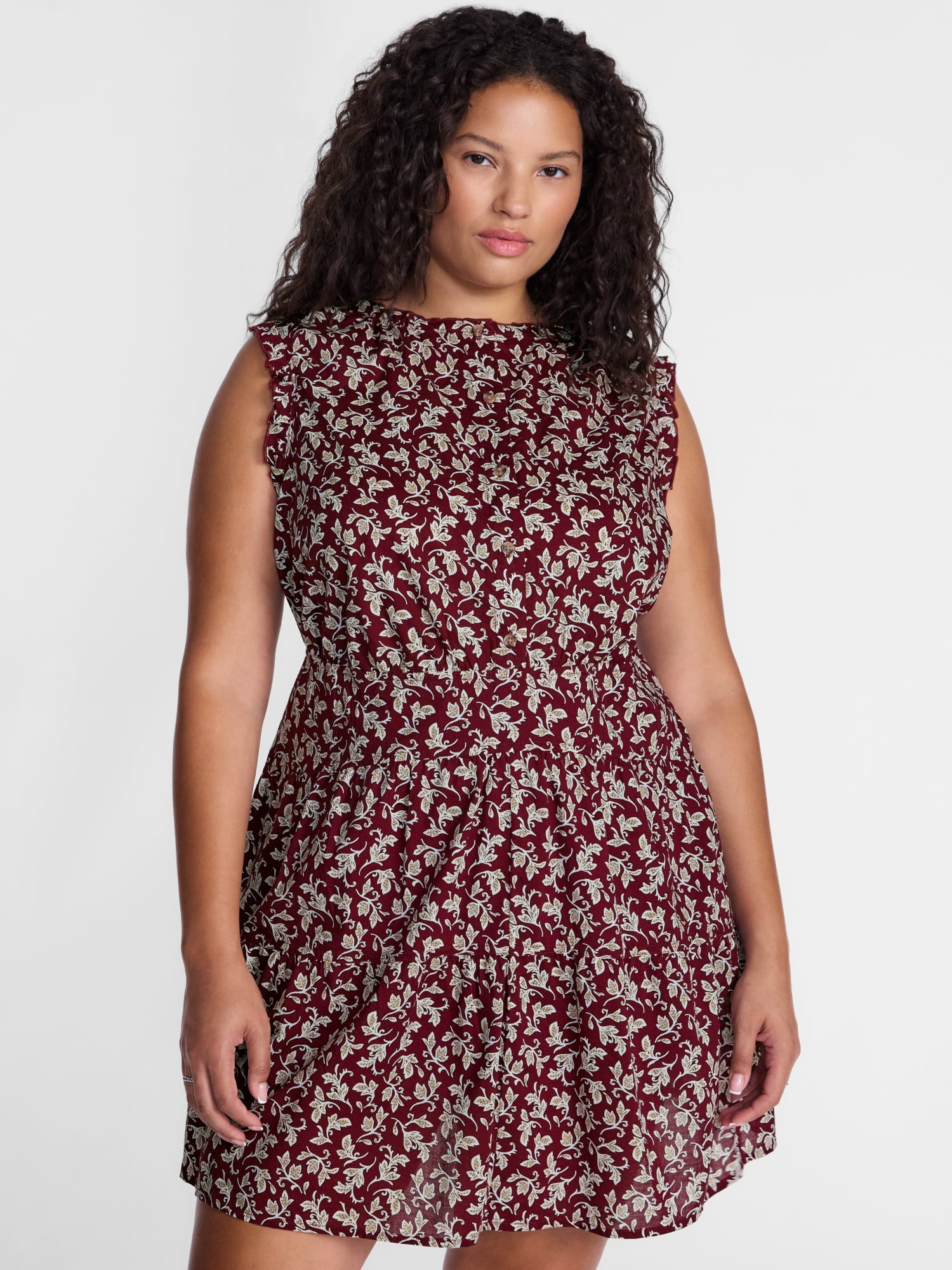 Women's Plus Sleeveless Button Front Tiered Cotton Mini Dress, Sizes 0X-5X