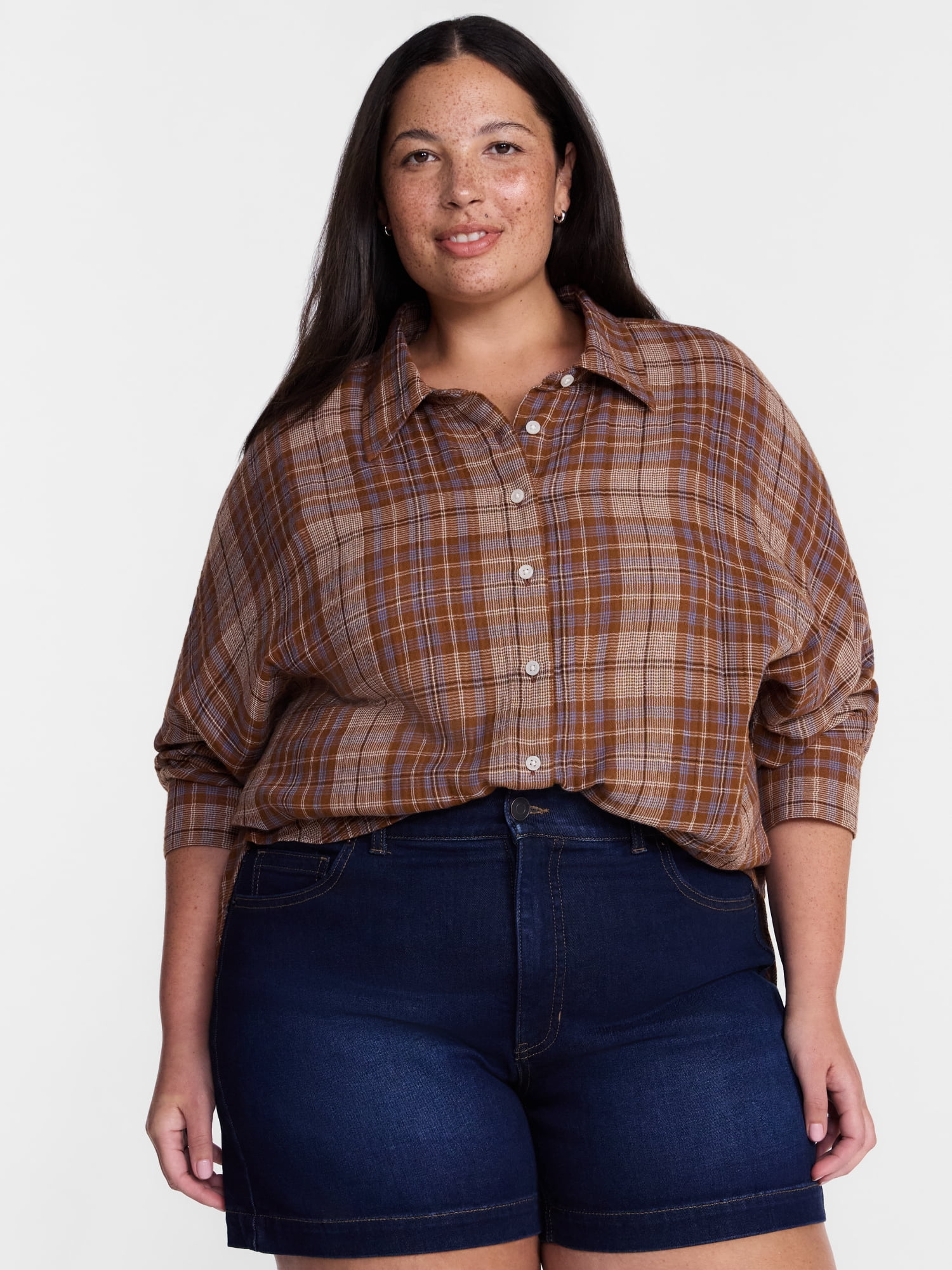 Terra & Sky Women's Plus Button Front Woven Shirt with Long Sleeves, Sizes 0X- 5X