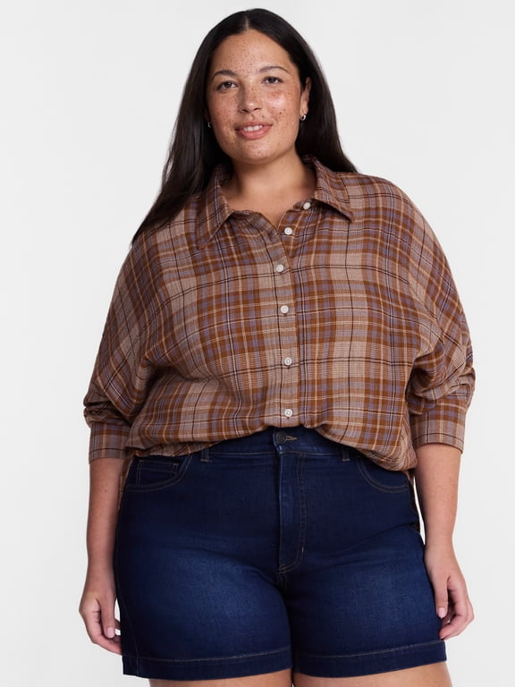 Women's Plus Button Front Woven Shirt with Long Sleeves, Sizes 0X- 5X