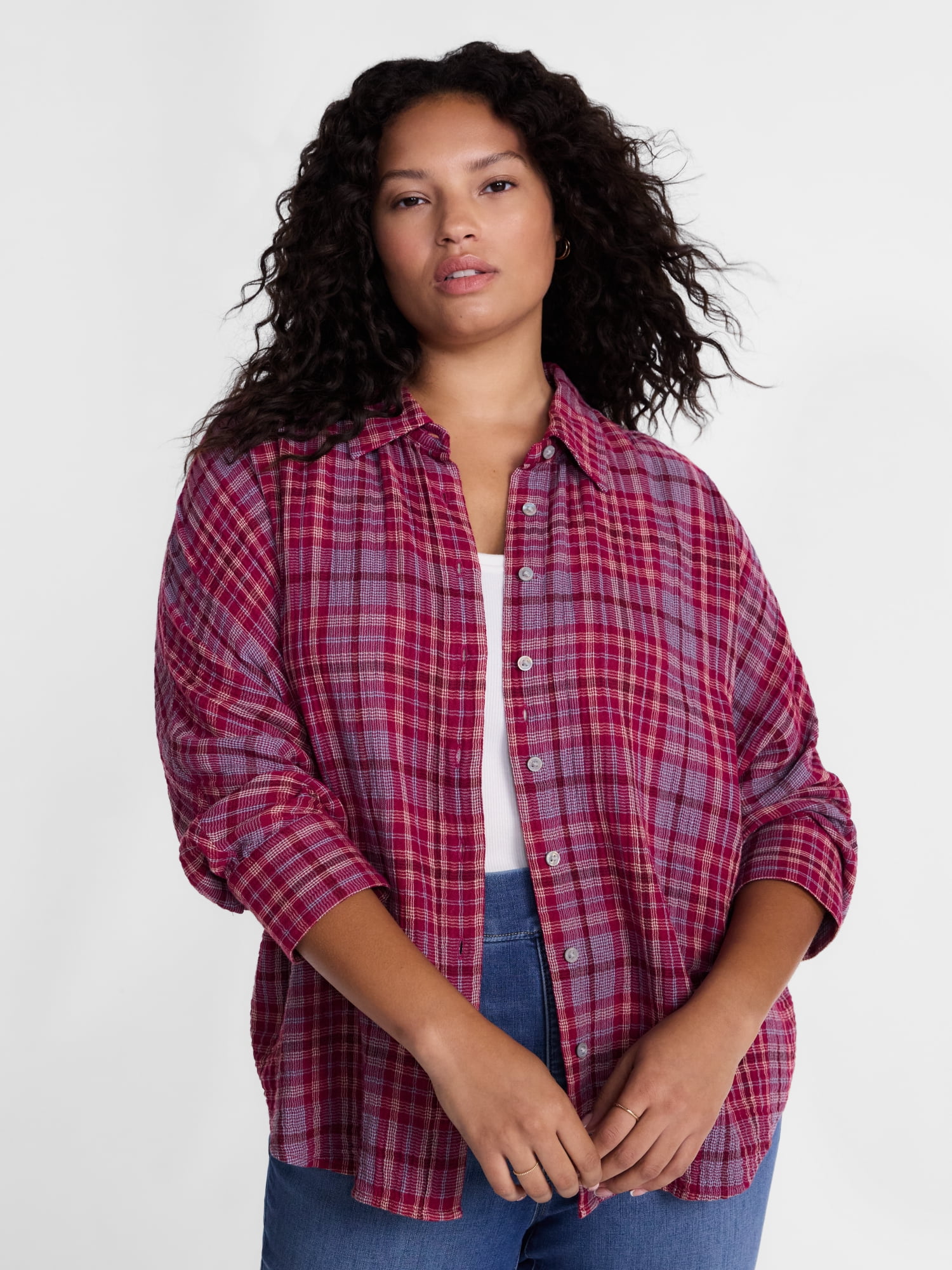 Terra & Sky Women's Plus Button Front Woven Shirt with Long Sleeves, Sizes 0X- 5X