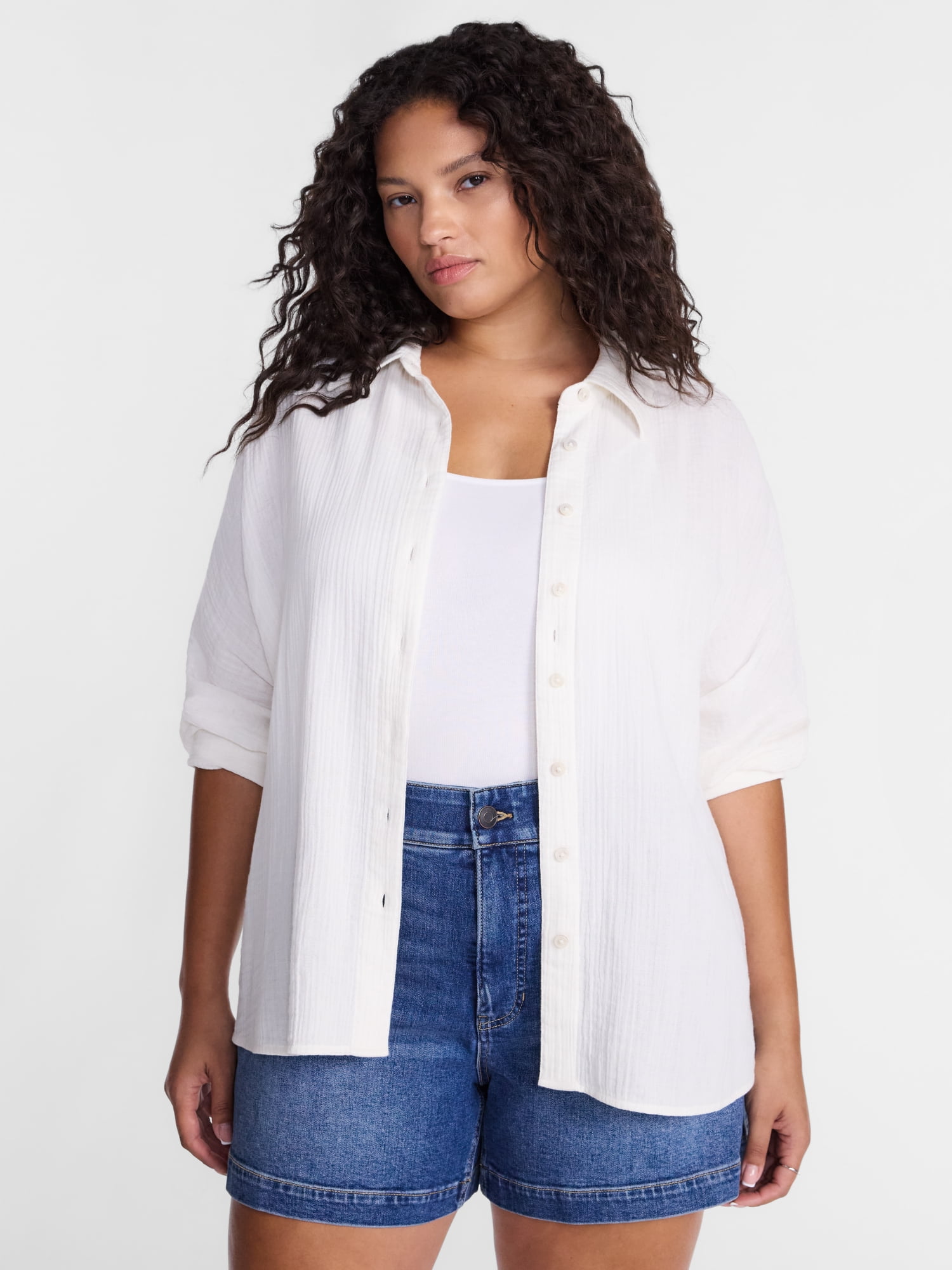 Terra & Sky Women's Plus Button Front Woven Shirt with Long Sleeves, Sizes 0X- 5X