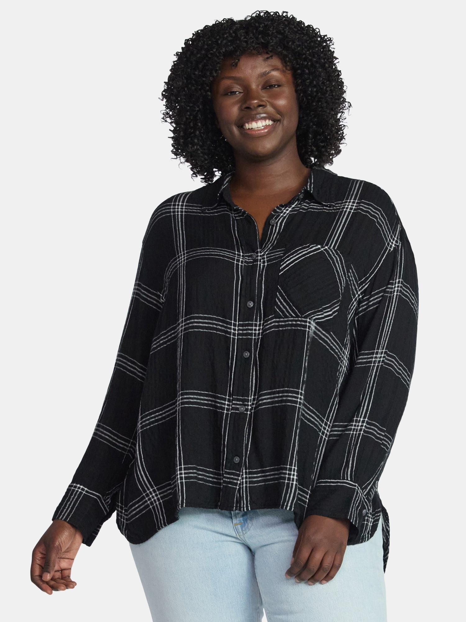 Terra & Sky Women's Plus Size Plaid Button Front Shirt, Sizes 0X-5X