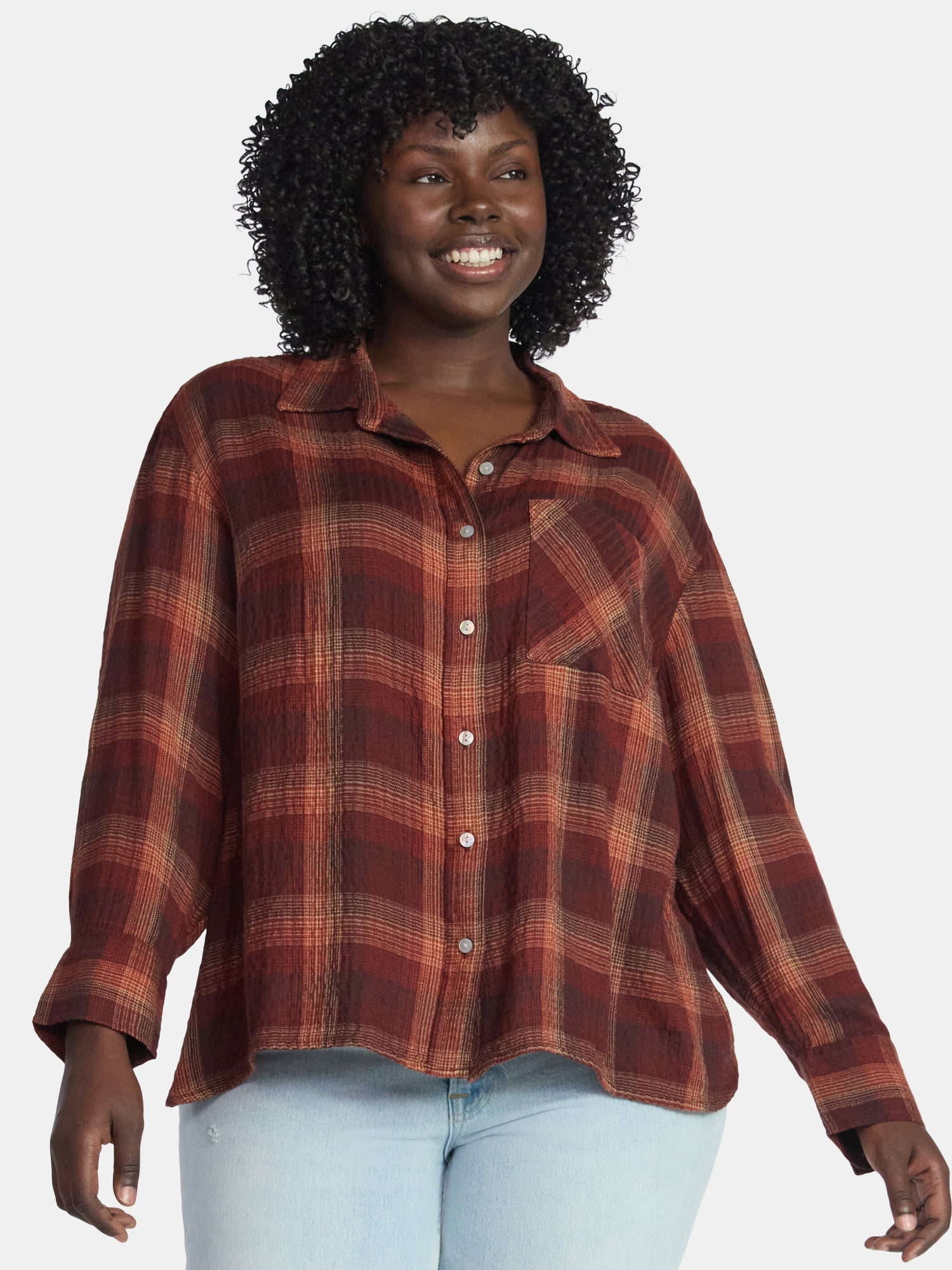 Terra & Sky Women's Plus Size Plaid Button Front Shirt, Sizes 0X-5X