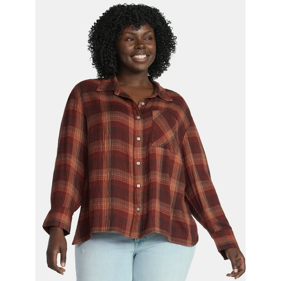 Terra & Sky Women's Plus Size Plaid Button Front Shirt, Sizes 0X-5X