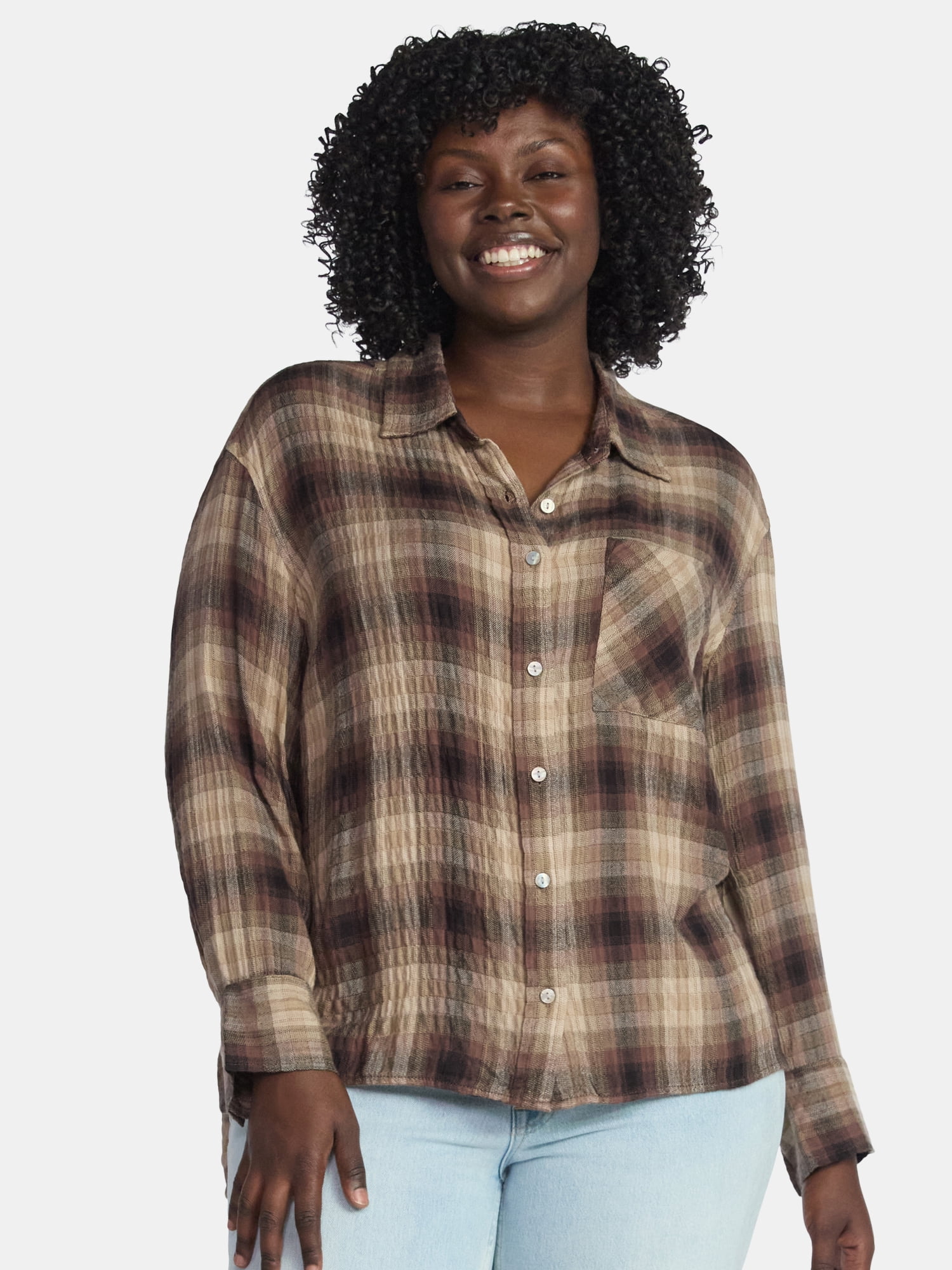 Terra & Sky Women's Plus Size Plaid Button Front Shirt, Sizes 0X-5X