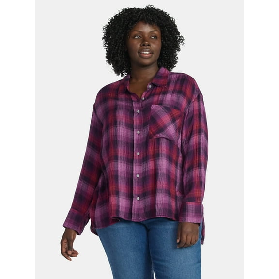 Terra & Sky Women's Plus Size Plaid Button Front Shirt, Sizes 0X-5X
