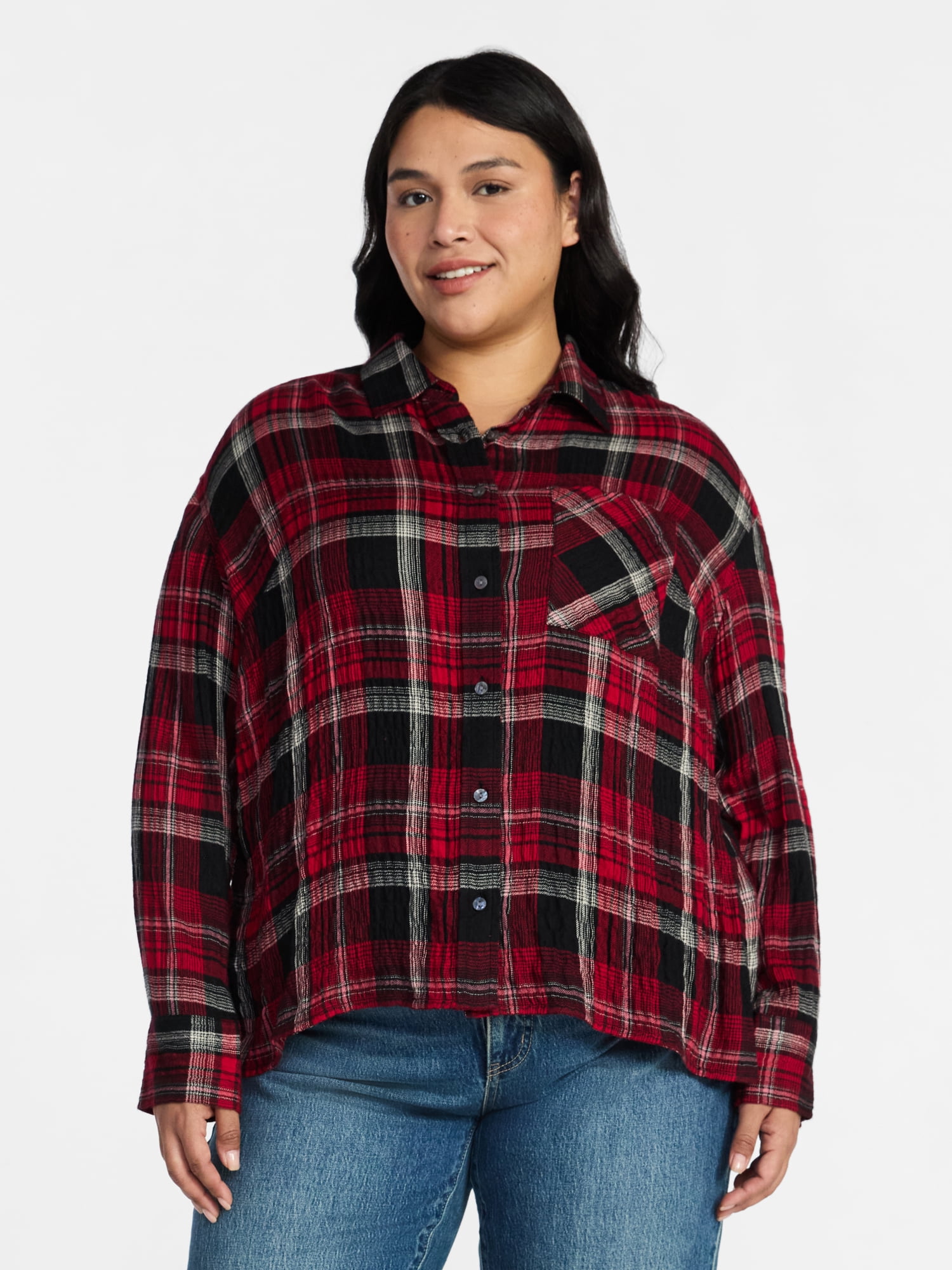 Terra & Sky Women's Plus Size Plaid Button Front Shirt, Sizes 0X-5X