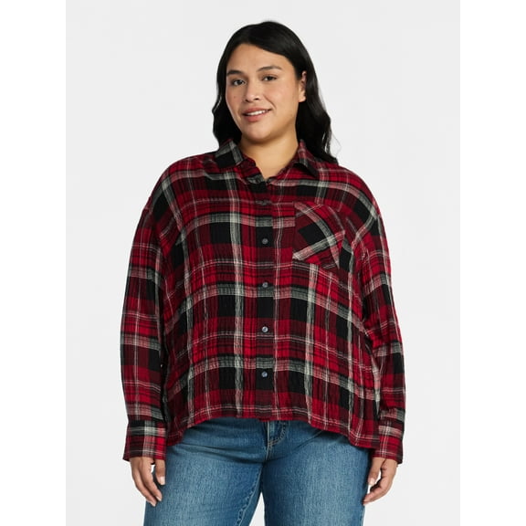 Terra & Sky Women's Plus Size Plaid Button Front Shirt, Sizes 0X-5X