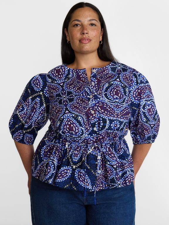 Women's Plus Cinch Waist Cotton Blouse with Elbow Length Puff Sleeves, Sizes 0X-5X