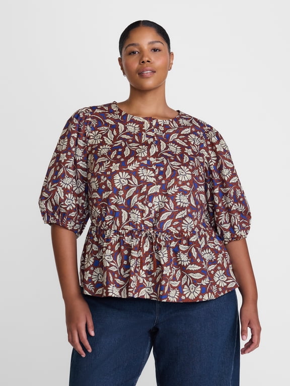 Women's Plus Cinch Waist Cotton Blouse with Elbow Length Puff Sleeves, Sizes 0X-5X
