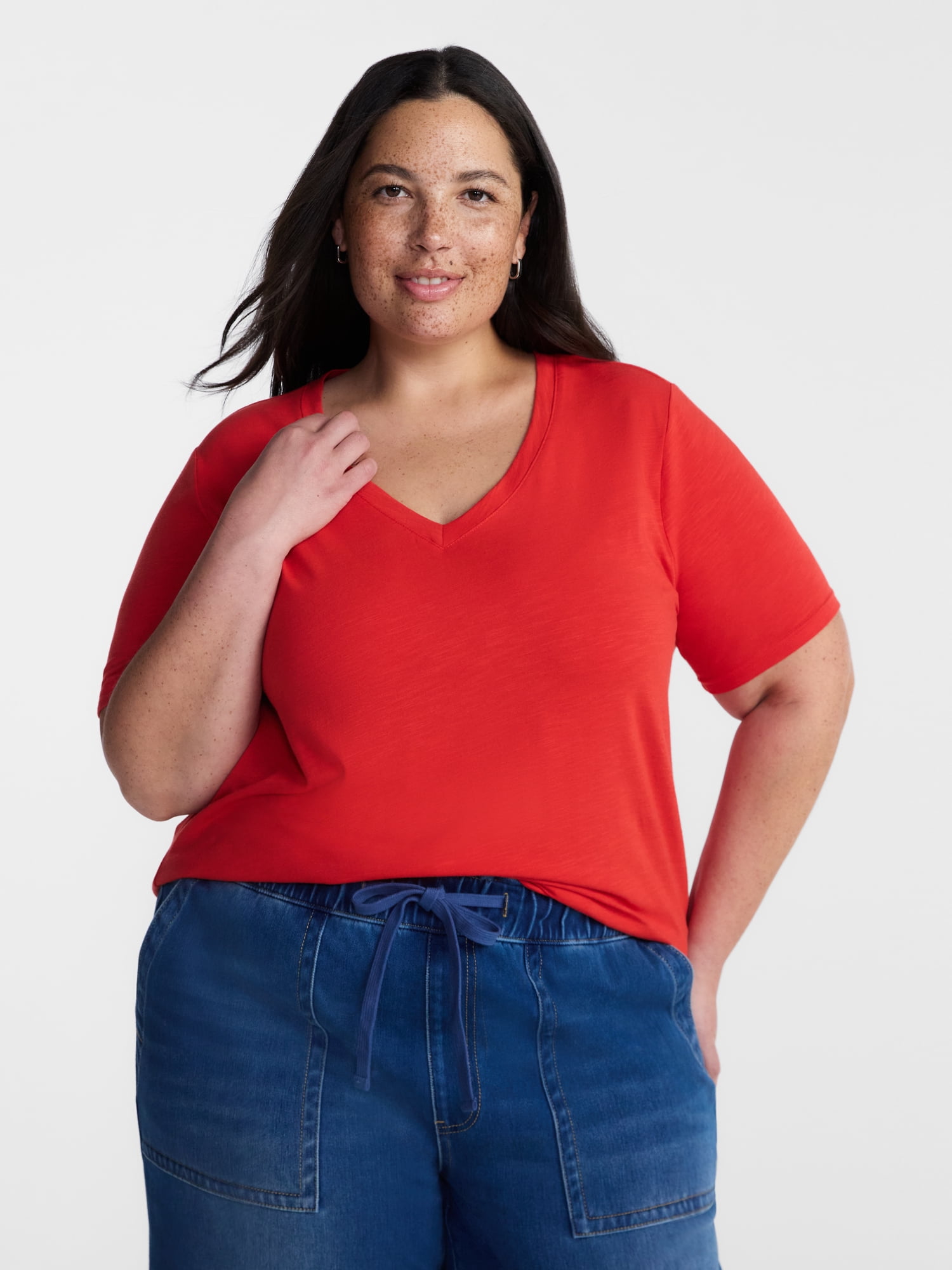 Terra & Sky Women’s Plus V Neck Tee with Short Sleeves, Sizes 0X-5X
