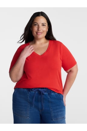 Women's Plus V-Neck Tee with Short Sleeves, Sizes 0X-5X