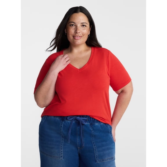 Terra & Sky Women’s Plus V Neck Tee with Short Sleeves, Sizes 0X-5X