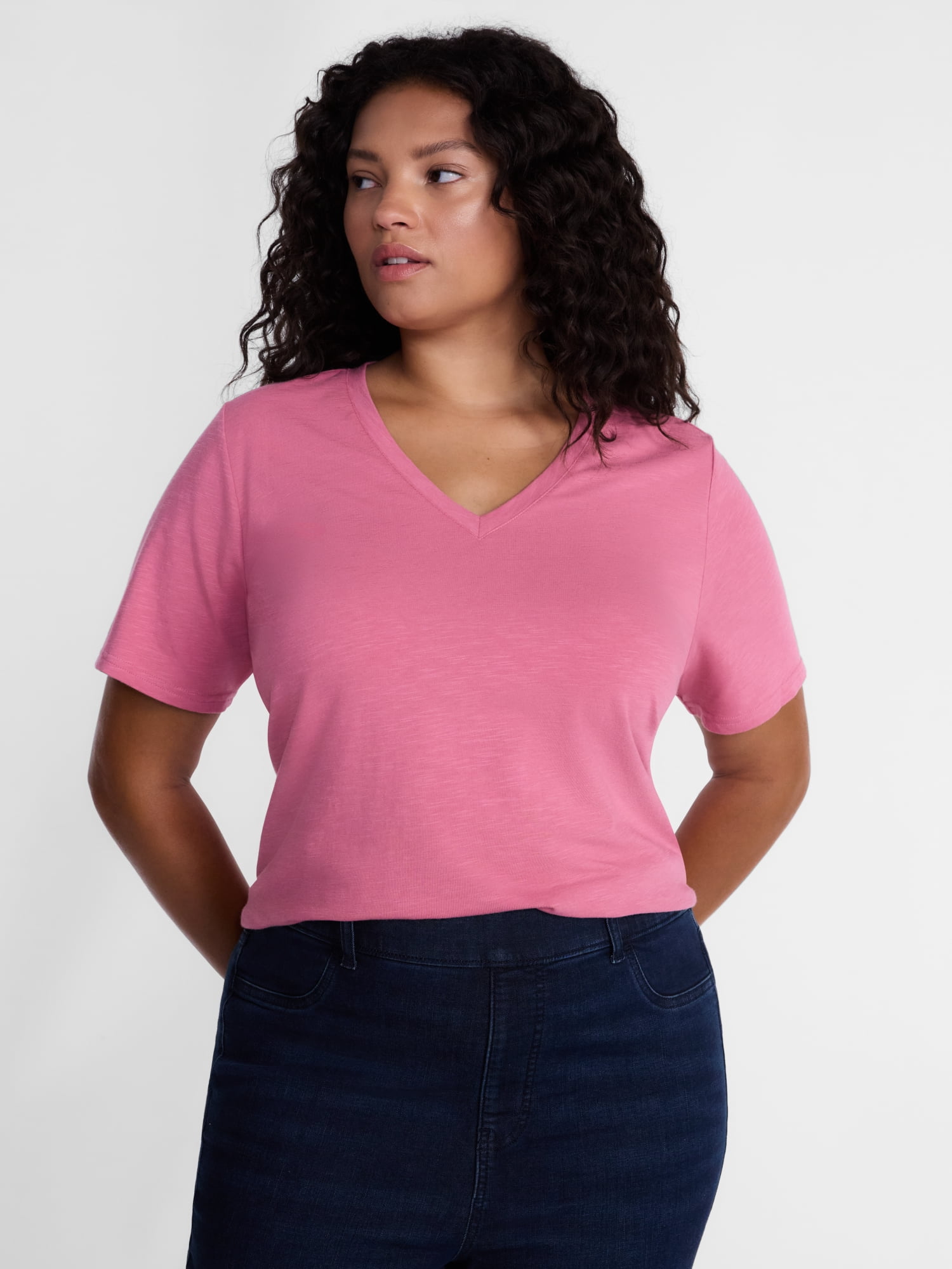 Terra & Sky Women's Plus Size V Neck Tee with Short Sleeves, Size 0X-5X