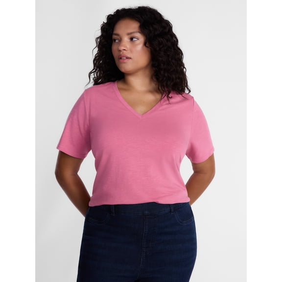 Terra & Sky Women's Plus Size V Neck Tee with Short Sleeves, Size 0X-5X