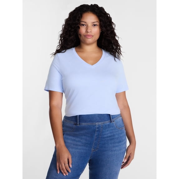 Terra & Sky Women's Plus Size V Neck Tee with Short Sleeves, Size 0X-5X