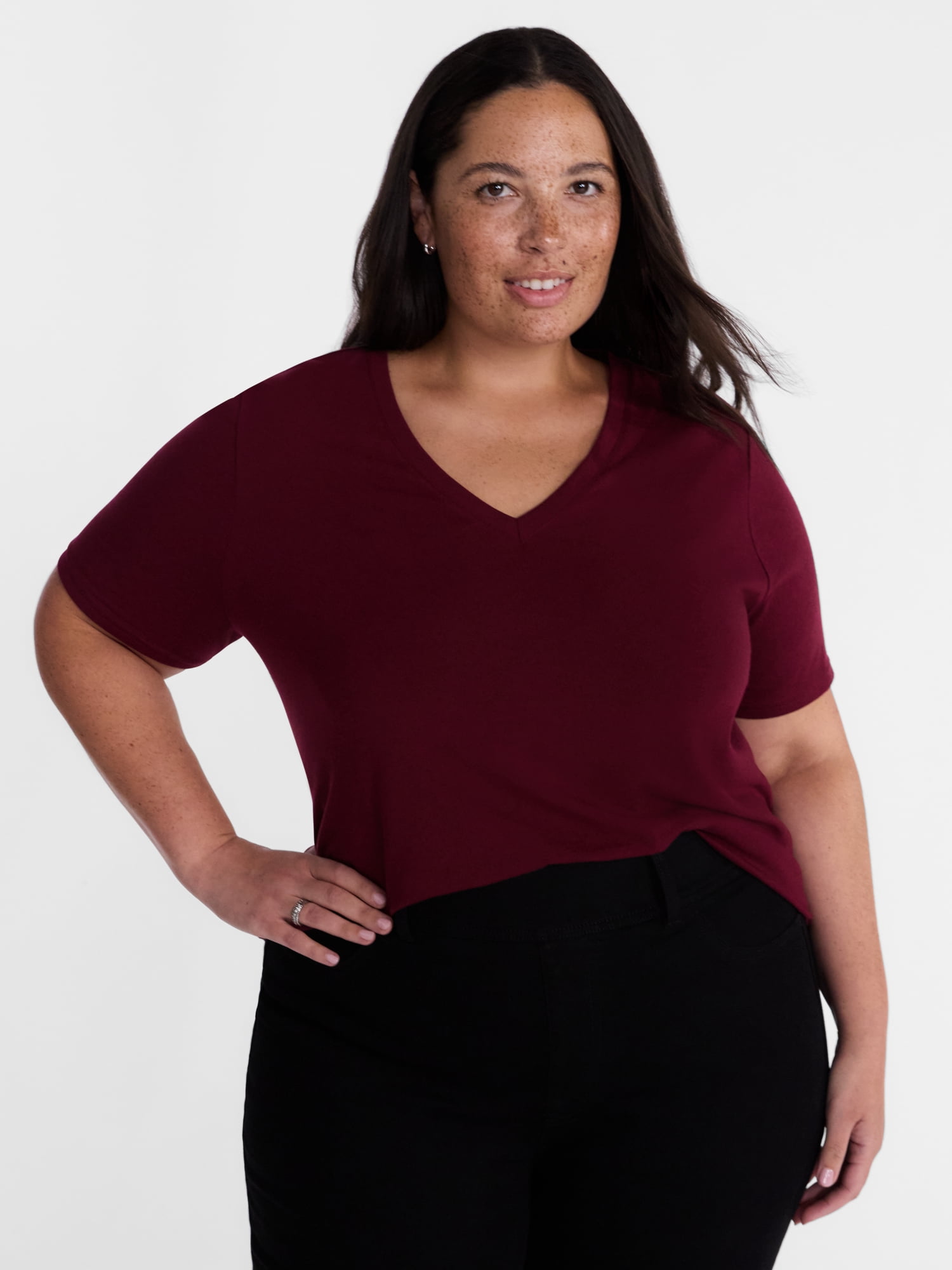Terra & Sky Women's Plus Size V Neck Tee with Short Sleeves, Size 0X-5X
