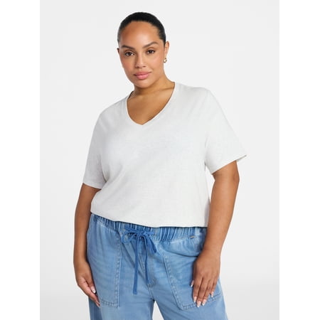 Terra & Sky Women's Plus Size V-Neck Tee with Short Sleeves, 0X-5X