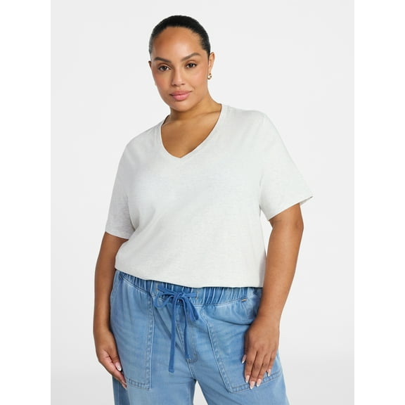 Terra & Sky Women's Plus Size V Neck Tee with Short Sleeves, Size 0X-4X