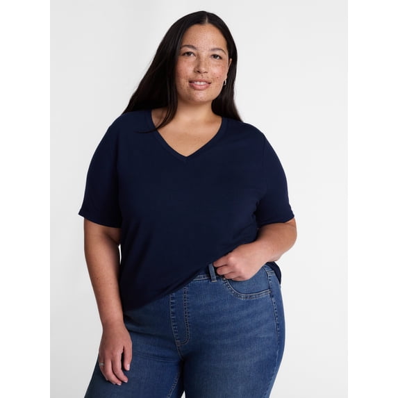 Terra & Sky Women's Plus Size V Neck Tee with Short Sleeves, Size 0X-5X