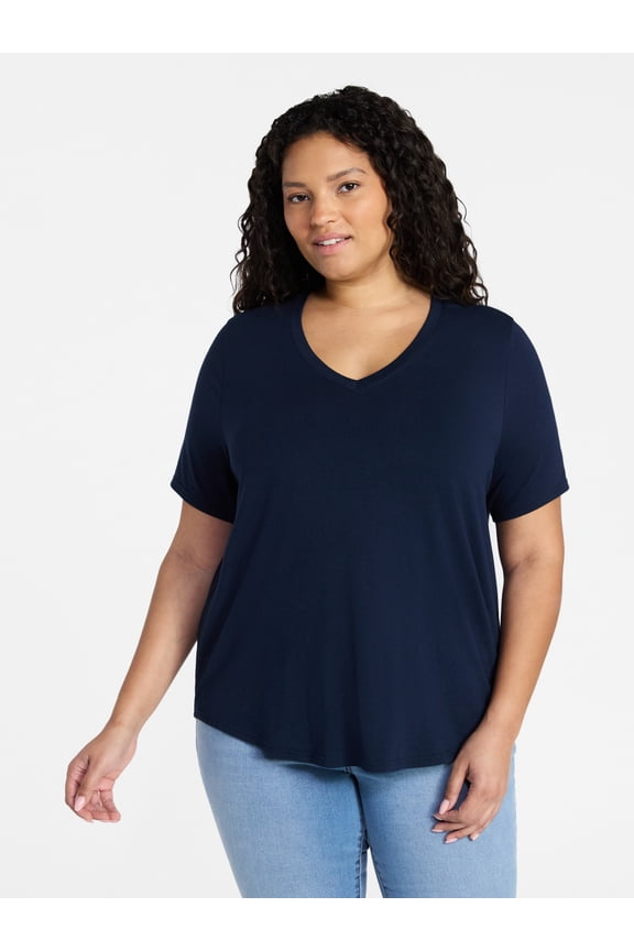 Women's Plus Size V-Neck Tee with Short Sleeves, Size 0X-5X