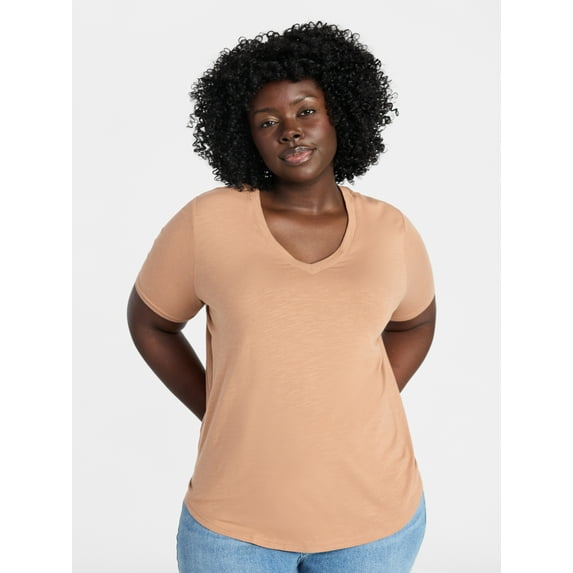 Terra & Sky Women's Plus Size V-Neck Tee with Short Sleeves, Size 0X-5X