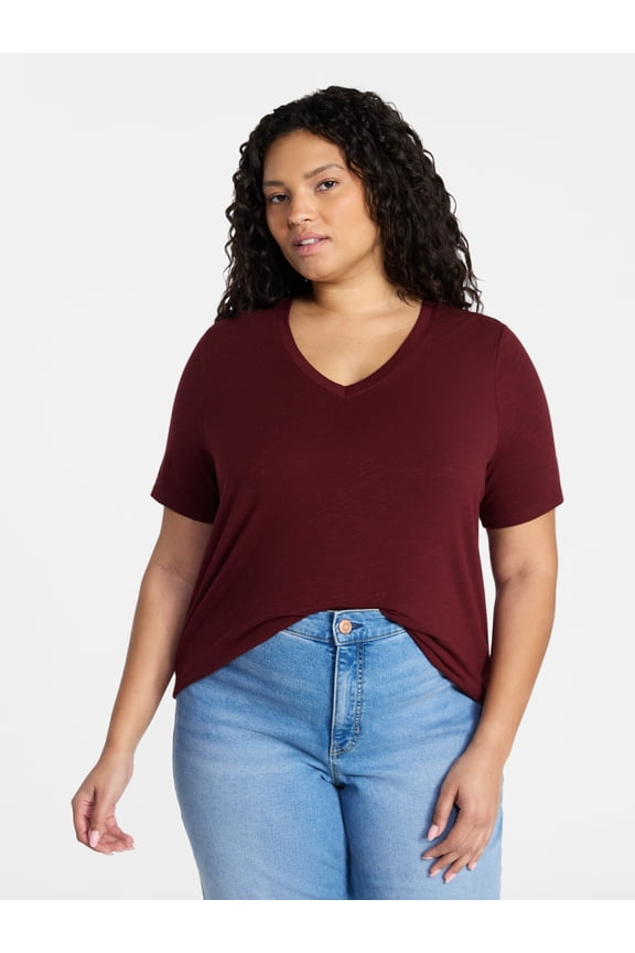 Women's Plus Size V-Neck Tee with Short Sleeves, Size 0X-5X