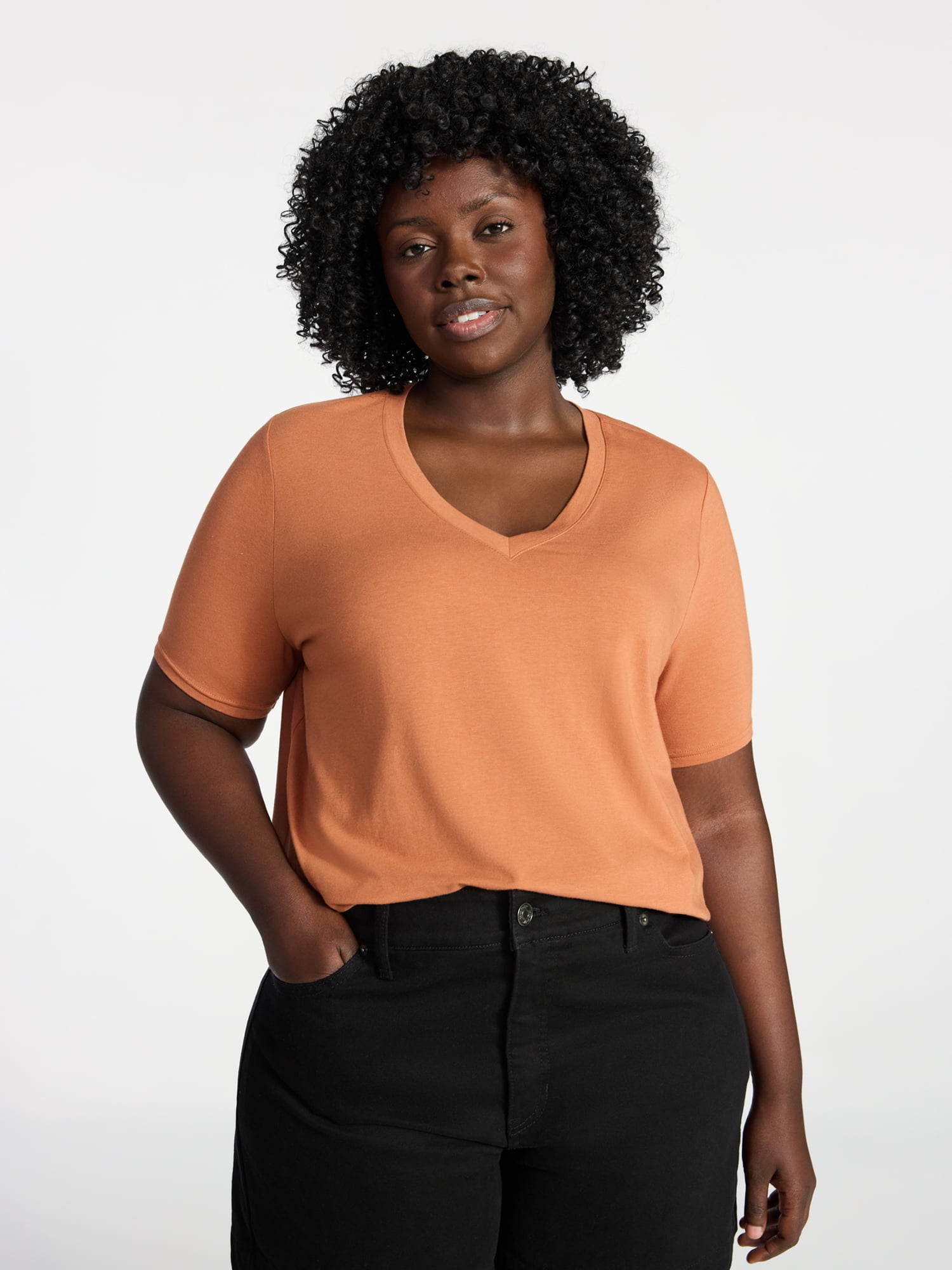Terra & Sky Women's Plus Size V-Neck Tee with Short Sleeves, Size 0X-5X