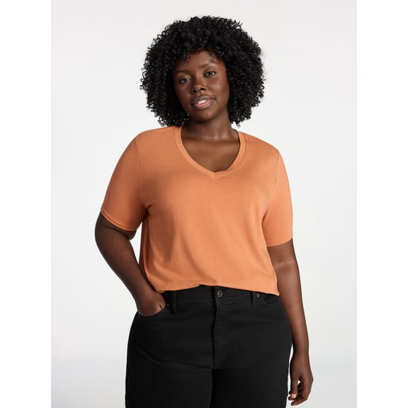 Terra & Sky Women's Plus Size V-Neck Tee with Short Sleeves, Size 0X-5X