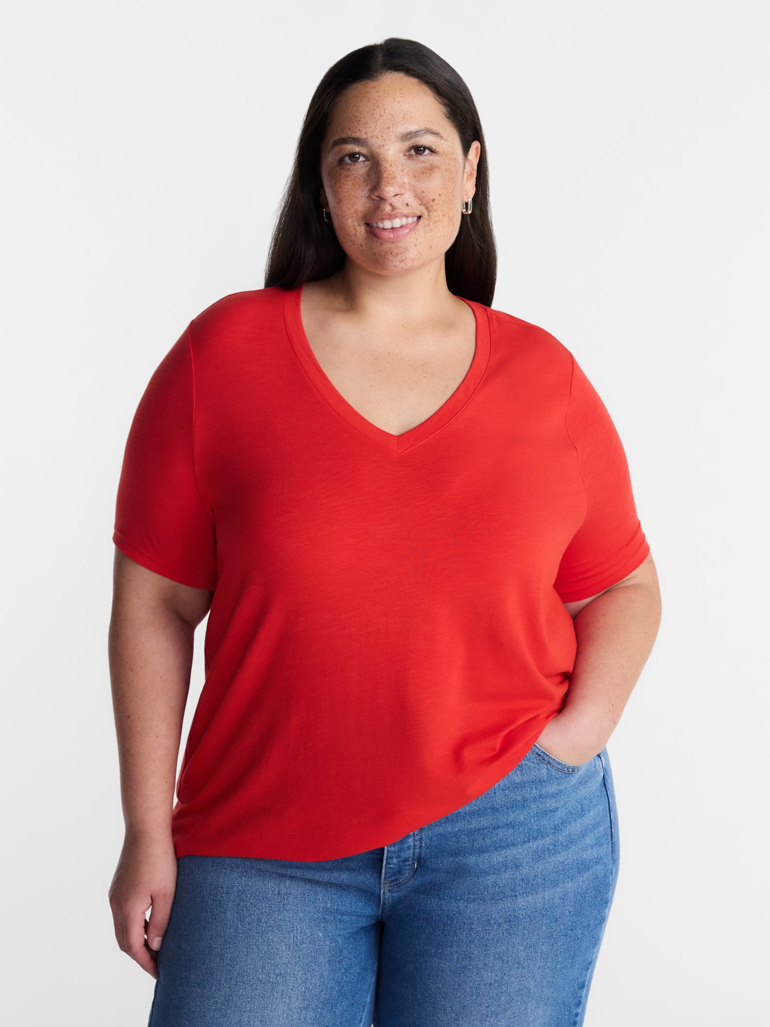 Terra & Sky Women’s Plus V Neck Tee with Short Sleeves, Sizes 0X-5X