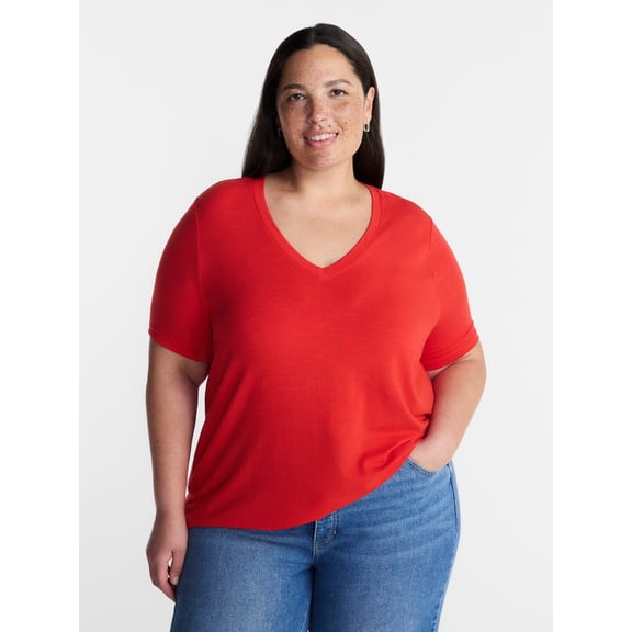 Terra & Sky Women’s Plus V Neck Tee with Short Sleeves, Sizes 0X-5X