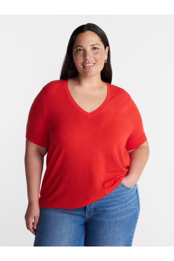 Women’s Plus V Neck Tee with Short Sleeves, Sizes 0X-5X