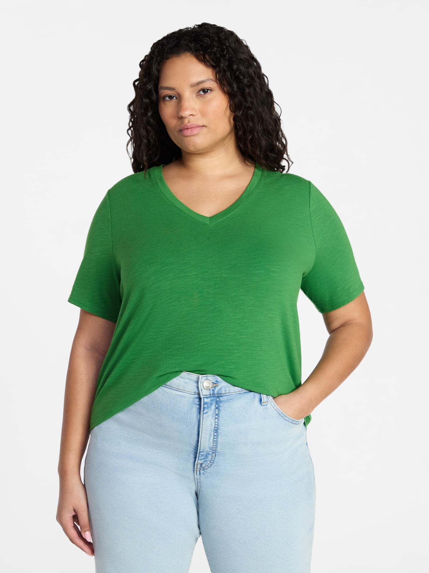 Terra & Sky Women’s Plus V Neck Tee with Short Sleeves, Sizes 0X-5X