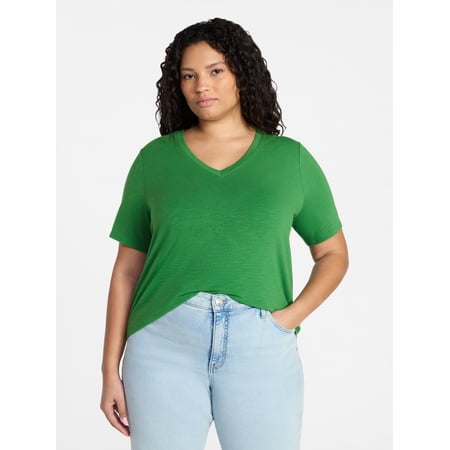 Terra & Sky Women's Plus Size V-Neck Tee with Short Sleeves, Size 0X-5X