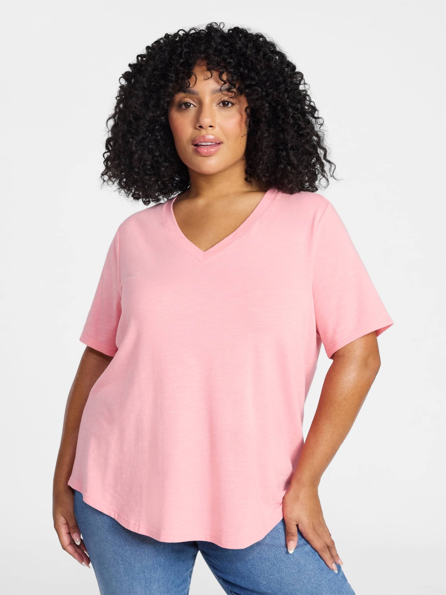 Terra & Sky Women’s Plus V Neck Tee with Short Sleeves, Sizes 0X-5X