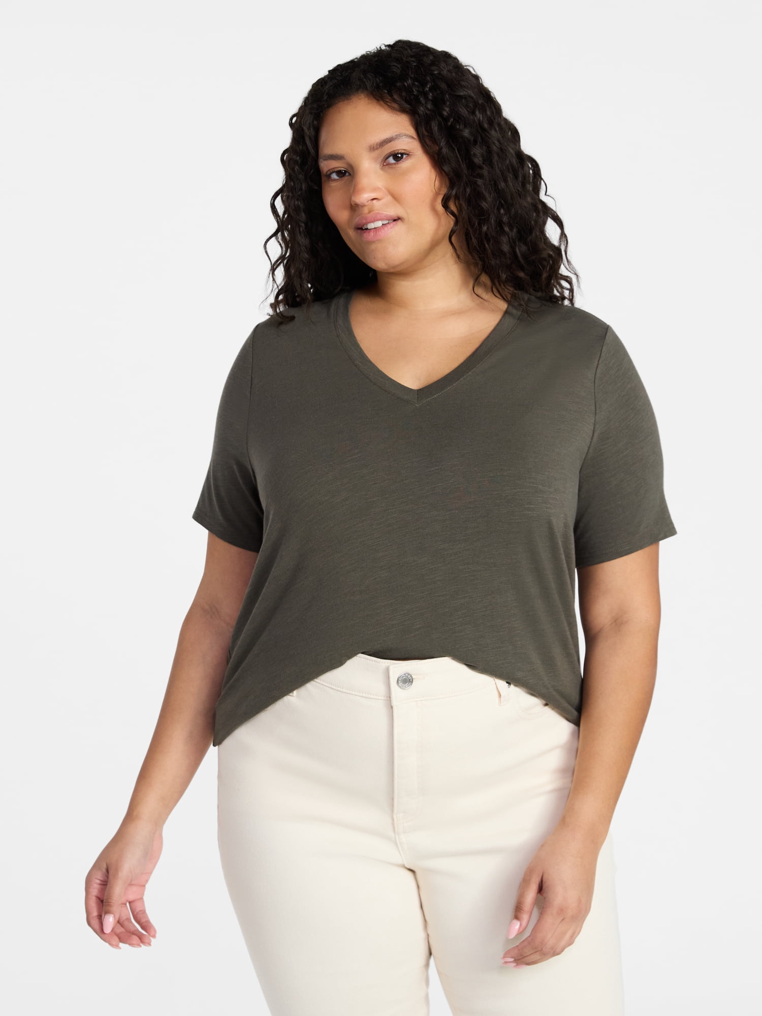 Terra & Sky Women’s Plus V Neck Tee with Short Sleeves, Sizes 0X-5X